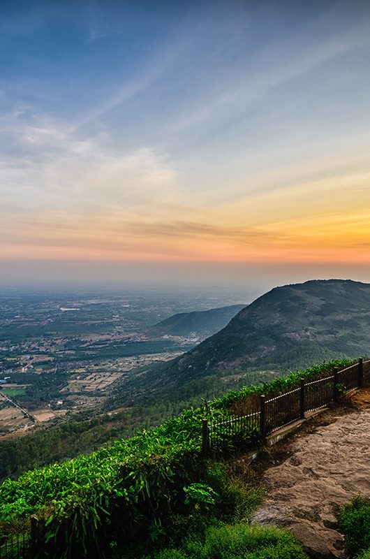 Beautiful view of Nandi hills during sunset, Nandi Hills is located near to Bengaluru or Bangalore, Karnataka, India