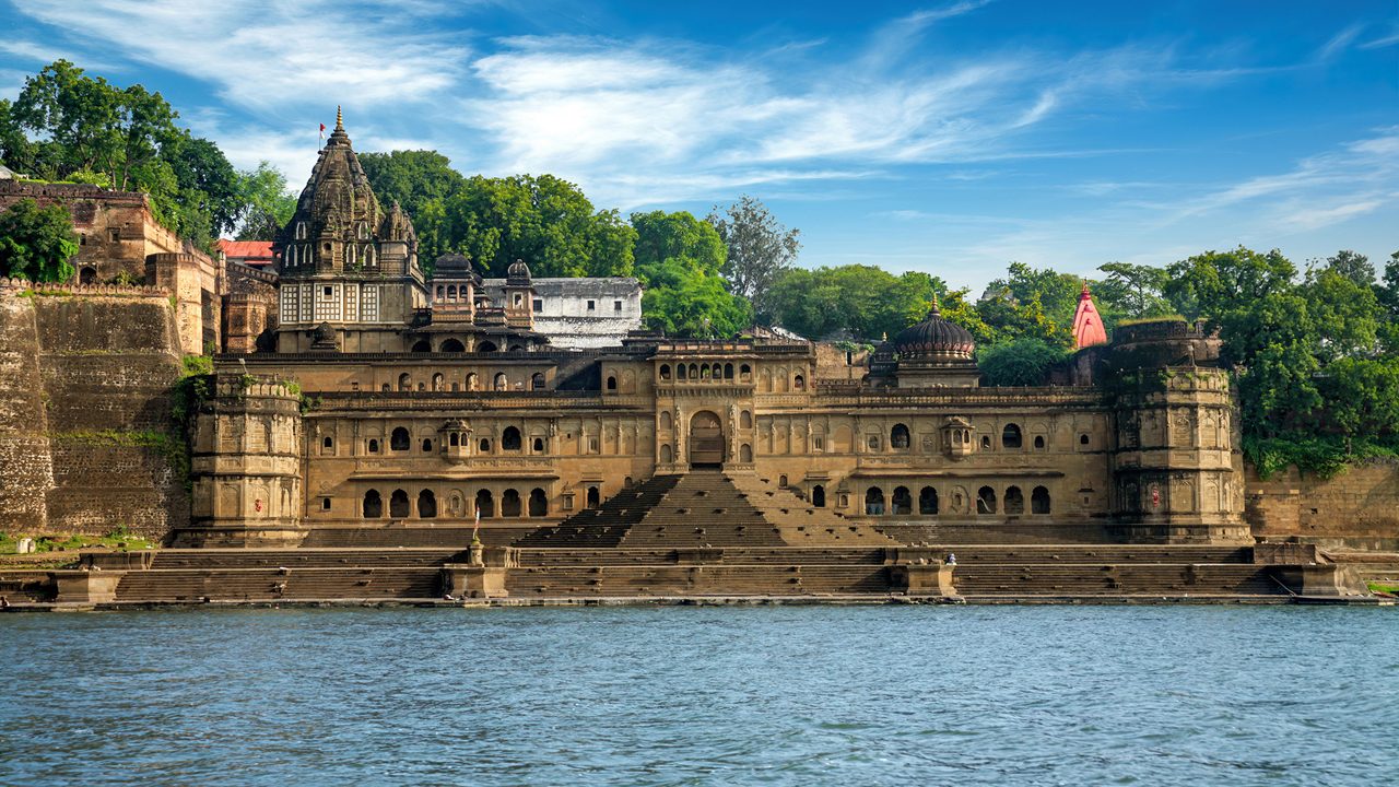 Exterior shots of the scenic tourist landmark Maheshwar fort in Madhaya pradesh in India. This monument on the banks of the narmada.