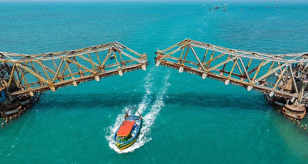 View of Pamban bridge in Rameshwaram. First indian bridge, which connects Pamban island and mainland India.