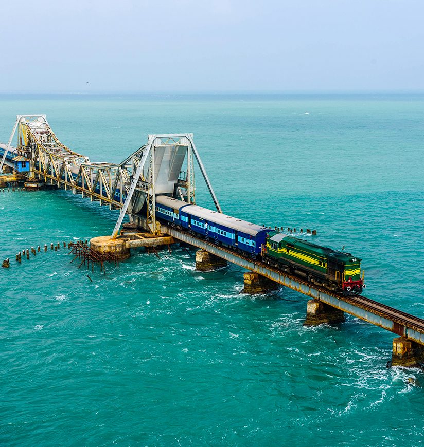 Pamban Bridge is a railway bridge which connects the town of Rameswaram on Pamban Island to mainland India.  It was India's first sea bridge.