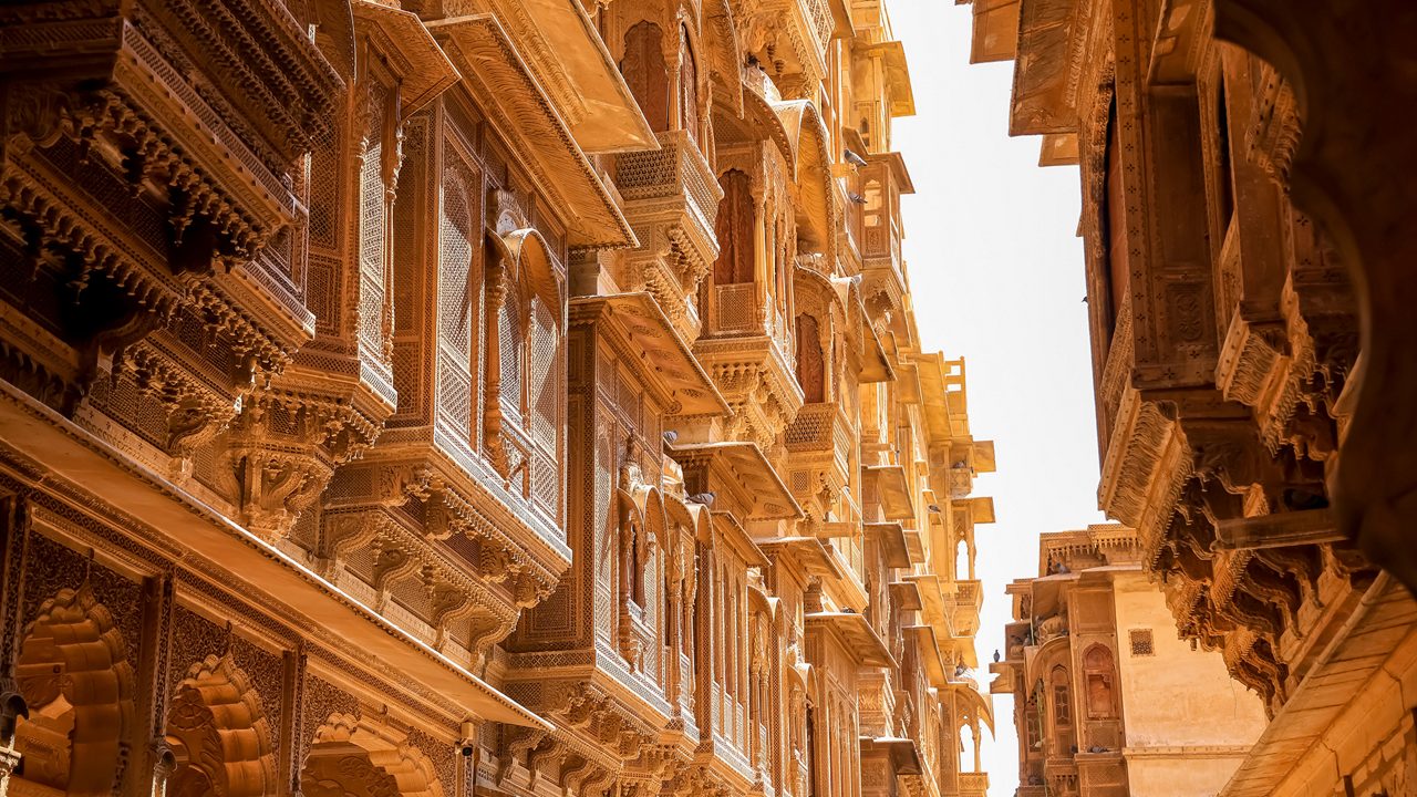 Heritage building in Rajasthan made of yellow limestone known as the Patwon ki Haveli in Jaisalmer city in India