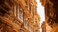 Heritage building in Rajasthan made of yellow limestone known as the Patwon ki Haveli in Jaisalmer city in India