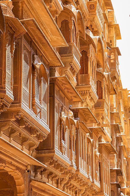 Heritage building in Rajasthan made of yellow limestone known as the Patwon ki Haveli in Jaisalmer city in India