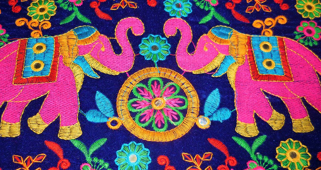 Pipli Applique two dancing elephants traditional folk art work handmade design on cloth Orissa India 