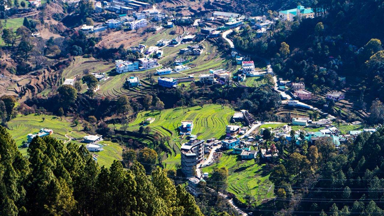 Aerial view of the city of Pithoragarh, situated in the mountains of Uttarakhand.