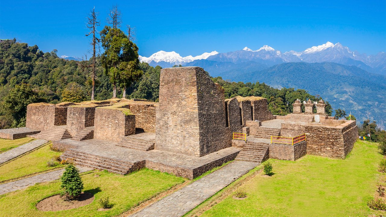 Ruins of Rabdentse Palace near Pelling, Sikkim state in India. Rabdentse was the second capital of the former kingdom of Sikkim.