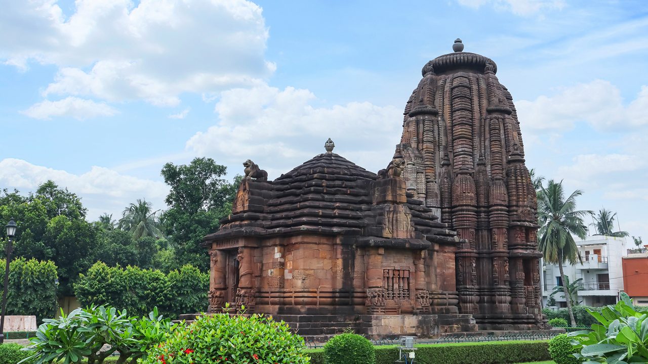 Façade of Jagamohana and Vimana of Rajarani Temple. 11th century Odisha style temple constructed dull red and yellow sandstone, Bhubaneswar, Odisha, India.