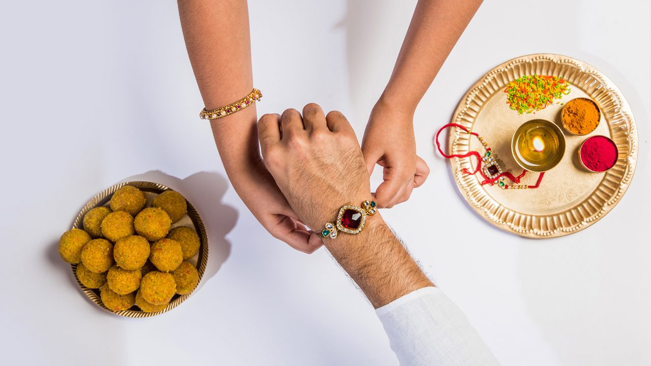 Close up top view of female hands tying colorful rakhi on her brother’s hand isolated on white background on Raksha Bandhan Festival