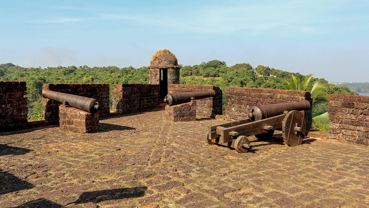 Triad of Canons on the top of Fort Reis Magos in Goa India; Shutterstock ID 1663531144; purchase_order: -; job: -; client: -; other: -