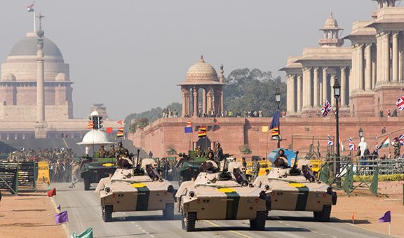 Armored vehicles driving down the Raj Path in preparation for Republic Day Parade, New Delhi, India