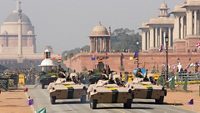 Armored vehicles driving down the Raj Path in preparation for Republic Day Parade, New Delhi, India