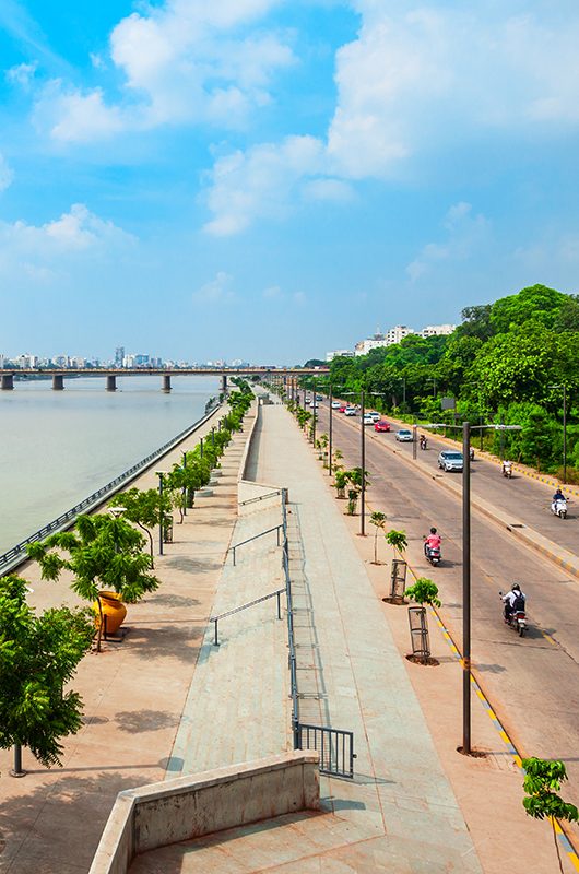 Sabarmati riverfront aerial view in the city of Ahmedabad, Gujarat state of India