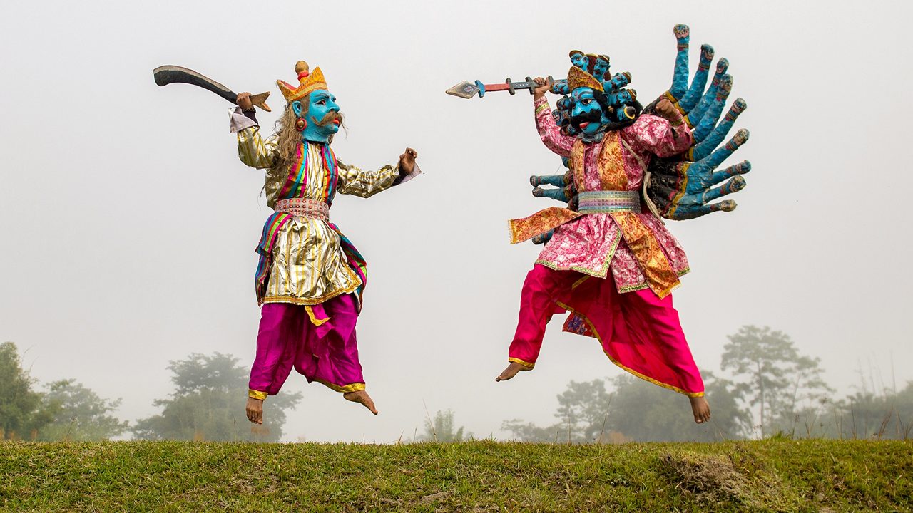 Majuli island on the Brahmaputra river in Assam, India,  is famous for its craft of mask-making. There are  three types of masks that are made at the Samaguri Satra. Mukha,Lotokai Mukha, Bor Mukha.