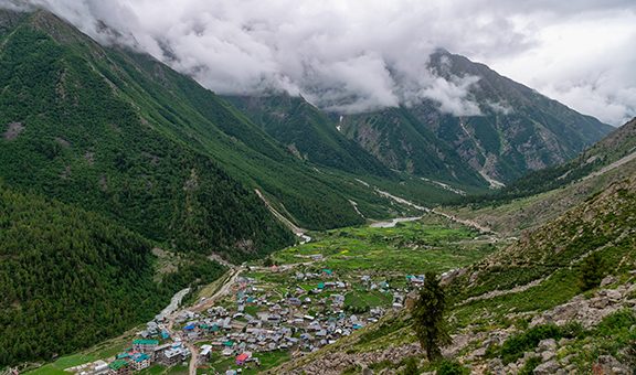 Scenic view of the Chitkul village with buildings, Sangla Valley, India