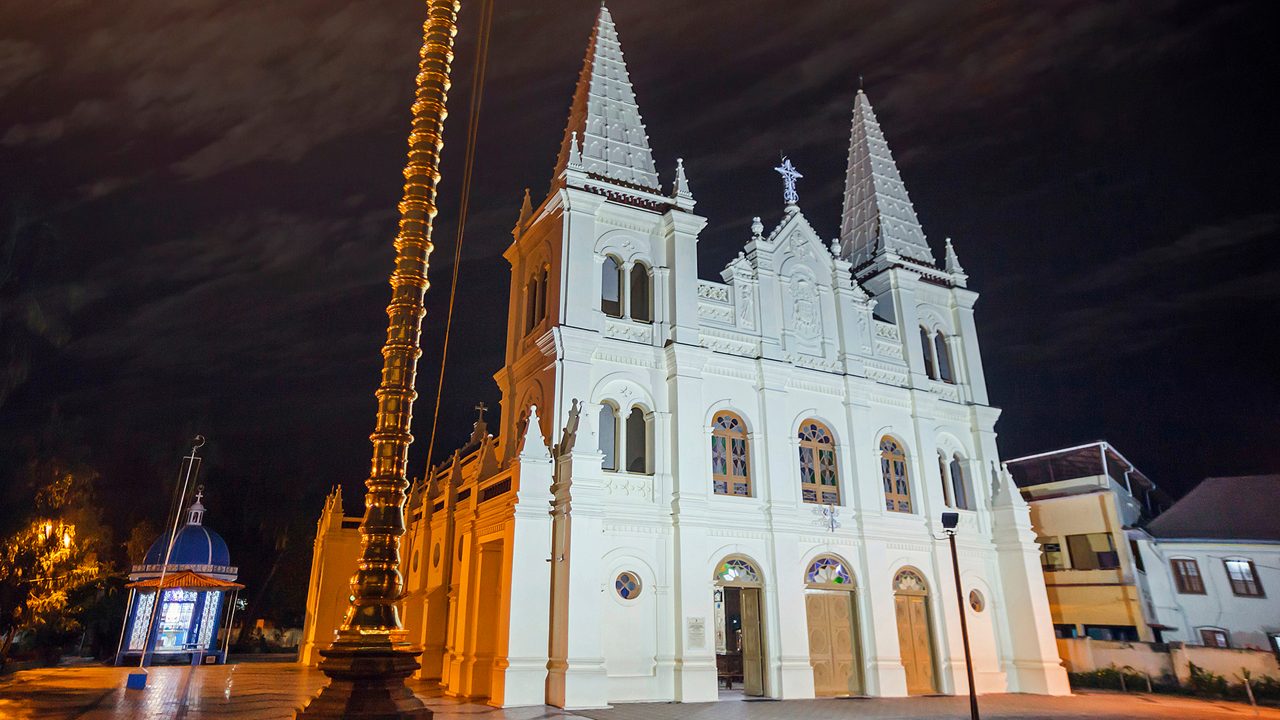 Santa Cruz Basilica in Cochin night, Kerala, India; Shutterstock ID 1305037180; purchase_order: -; job: -; client: -; other: -