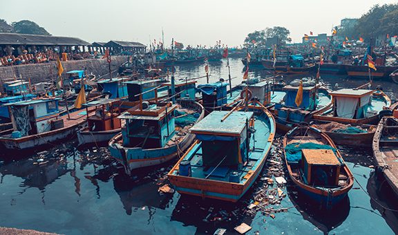 Mumbai, India, 30 november 2019 - A tour in the famous Sassoon Docks fish market. View of the fishermen's boats docked in the port in the dirty water. Environmental pollution.