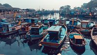 Mumbai, India, 30 november 2019 - A tour in the famous Sassoon Docks fish market. View of the fishermen's boats docked in the port in the dirty water. Environmental pollution.