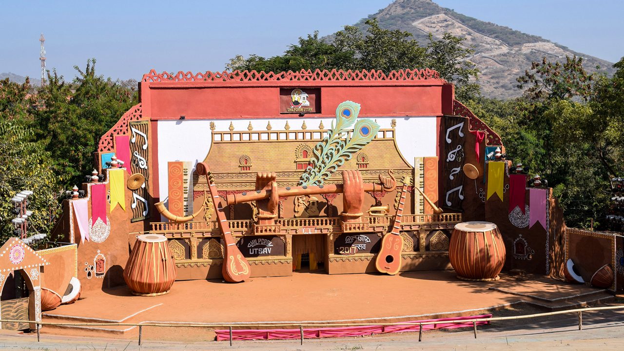 Udaipur, rajasthan - January 14, 2018 - Stage of shilpgram festiwal (Shilpgram utsav in hindi) in udaipur, rajasthan, Various performance happens here during festiwal season. Well known tourist place