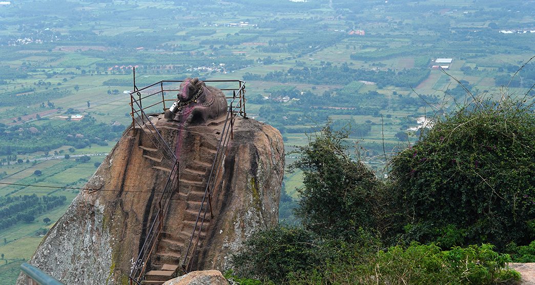 Shiva Gange, Bangalore, Karnataka, India - November 21 2021 :  The single rock statue of Nandi at Shivagange. Tourist places in Bangalore Karnataka. Famous Hindu temples in India.