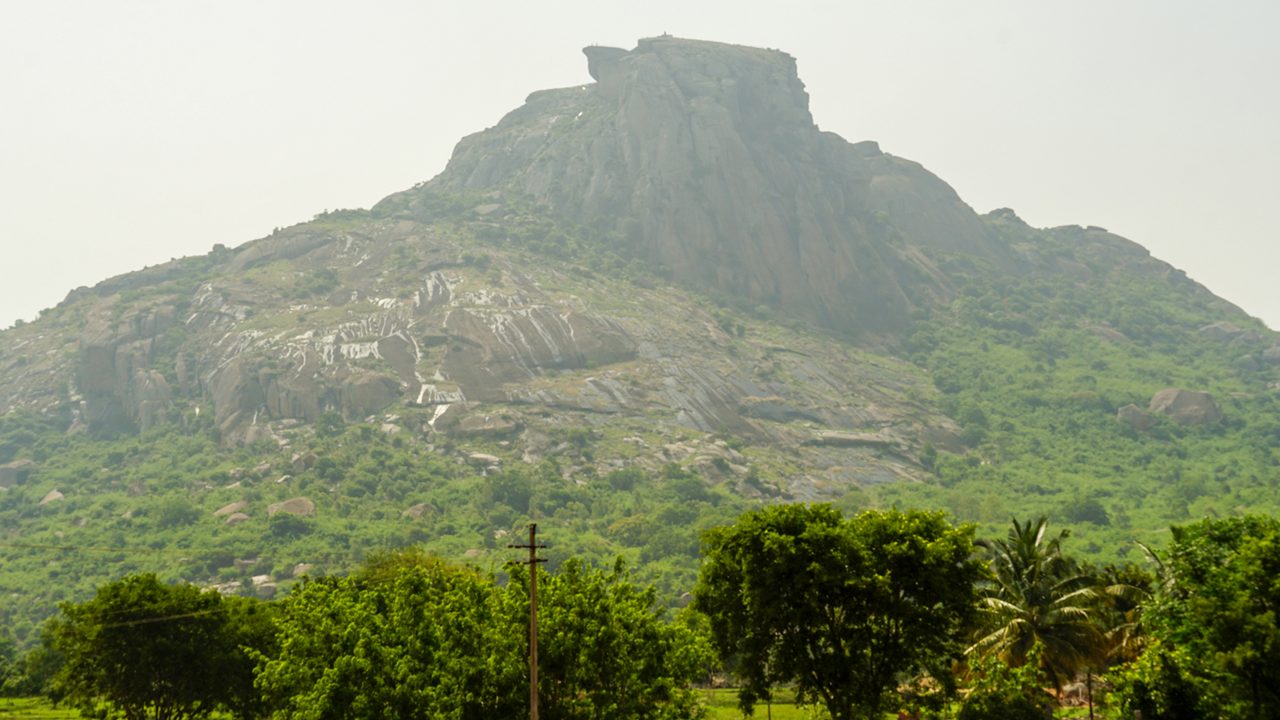 Shivagange hills, Bangalore, Karnataka, India - May 08 2022 :  Beautiful view of Shivagange hills near Dabaspete Bangalore. Tourist places in Karnataka India.