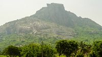 Shivagange hills, Bangalore, Karnataka, India - May 08 2022 :  Beautiful view of Shivagange hills near Dabaspete Bangalore. Tourist places in Karnataka India.