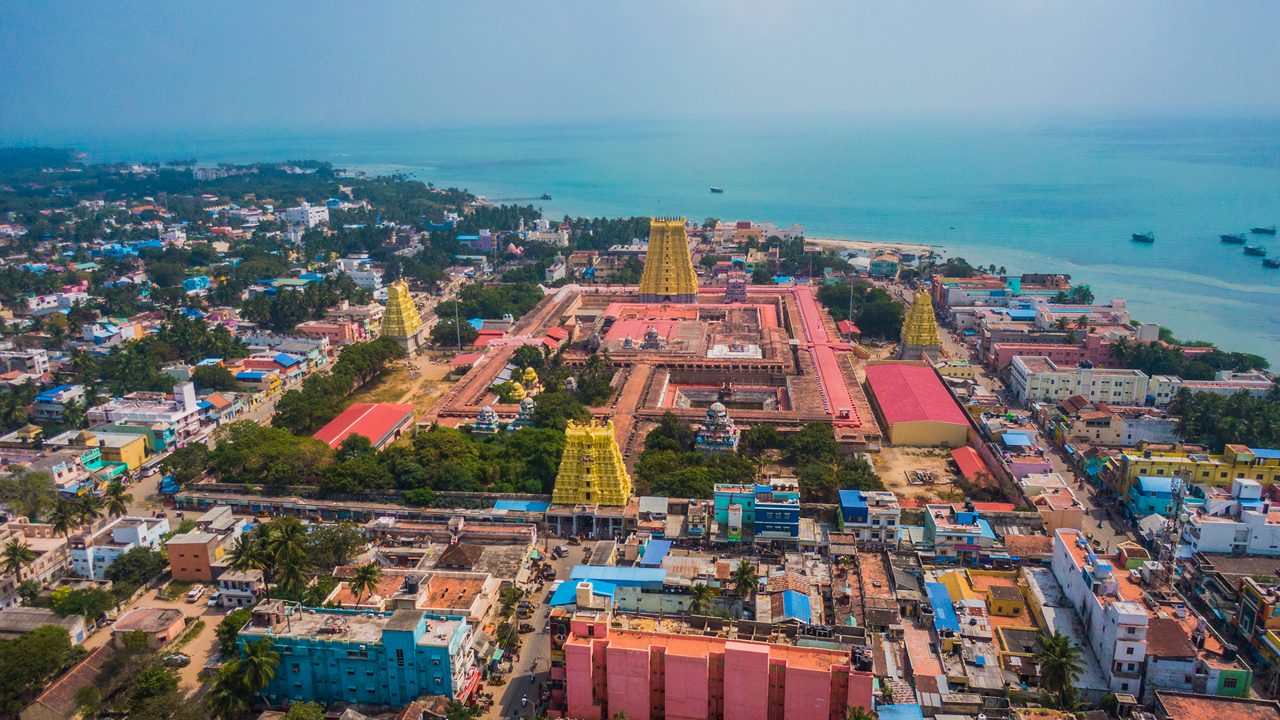 Rameswaram Sri Ram temple, India, aerial drone view