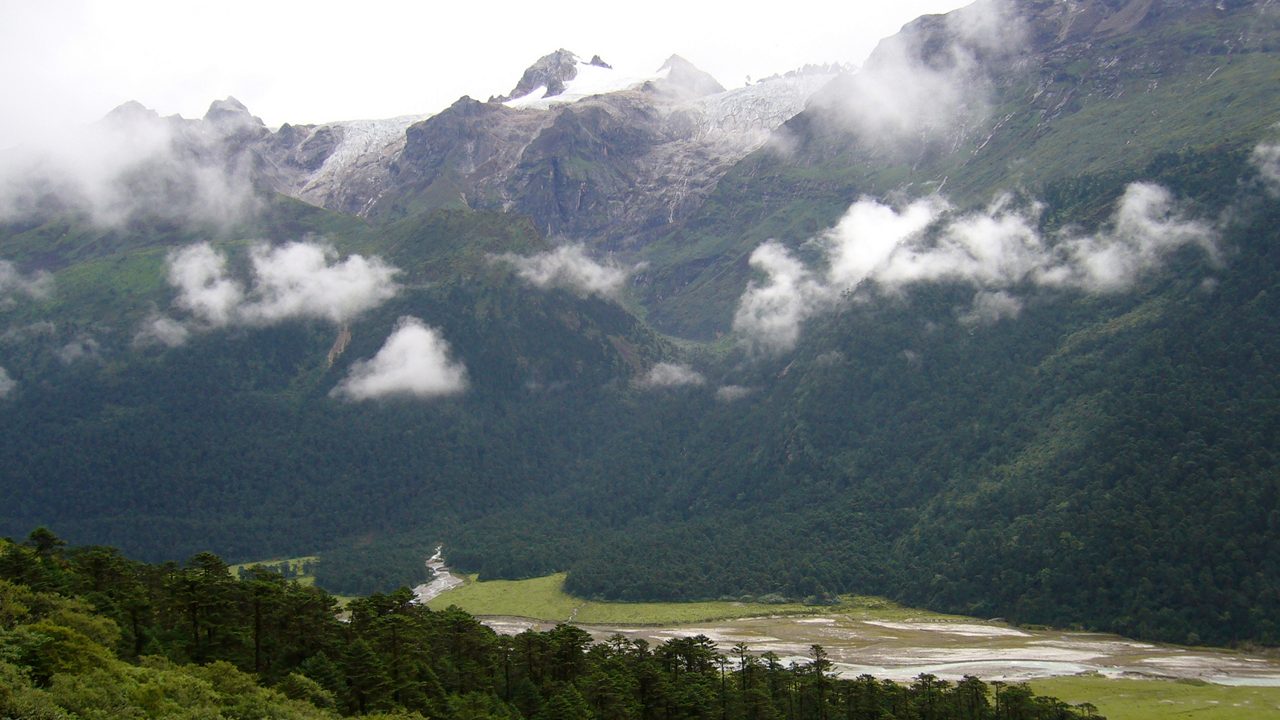 The mist covered craggy snow-melted mountains during monsoon look mesmerizing at Yumthang Valley situated at 12,000 ft altitude in Sikkim, India. 