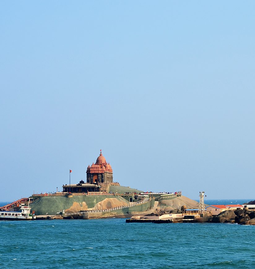 View of Vivekananda rocks and Thiruvalluvar statue from Kanyakumari temple at the southern tip of mainland India at Kanyakumari, India. The statue stands 400 meters from the coastline of Kanyakumari.