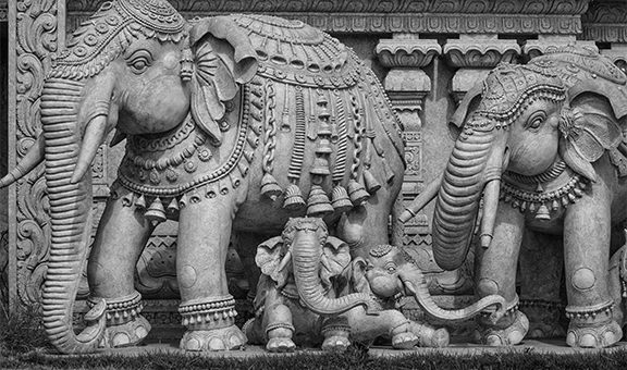 Stone sculptures of elephants in a Hindu temple