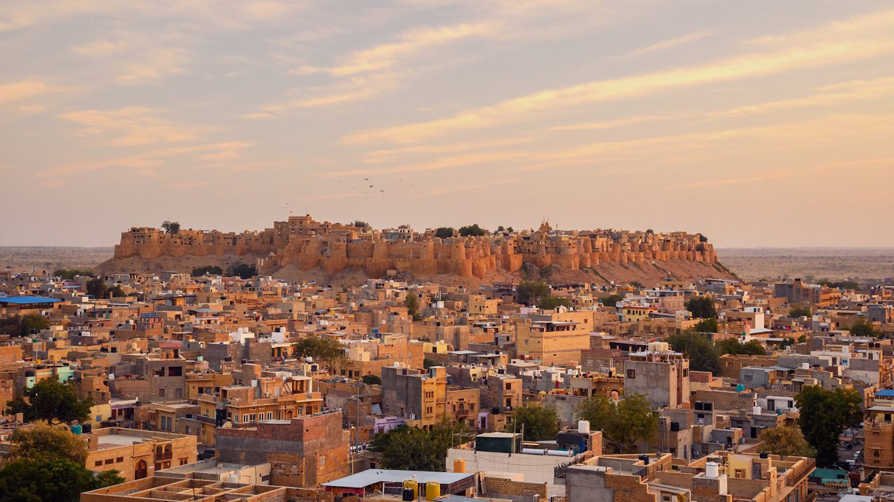 View of Jaisalmer city and Fort in sunset light. Rajasthan. India