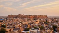 View of Jaisalmer city and Fort in sunset light. Rajasthan. India