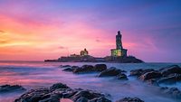 Kanyakumari - Vivekananda Rock Memorial & Thiruvalluvar Statue photographs while sunrise. Aerial Photos of Vivekananda Rock & Thiruvalluvar Statue, Kanyakumari