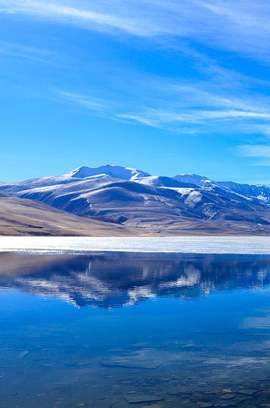 Reflection of Tso Moriri lake, Mountain lake, Leh, Ladakh, Jammu and Kashmir, India.