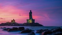 Kanyakumari - Vivekananda Rock Memorial & Thiruvalluvar Statue photographs while sunrise. Aerial Photos of Vivekananda Rock & Thiruvalluvar Statue, Kanyakumari