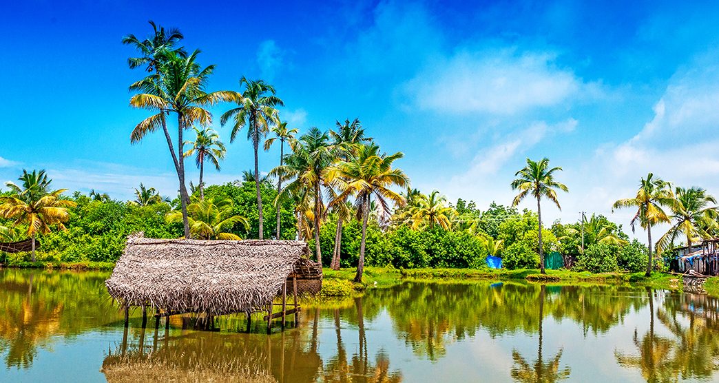 Kochi, Kerala, India - 2012: Village scene in the flooded backwaters of Vypin Island near Kochi.