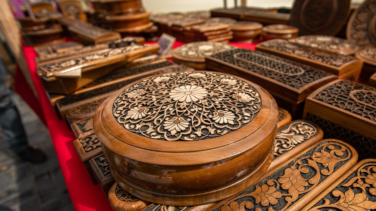 Carved jewelry box from walnut wood.