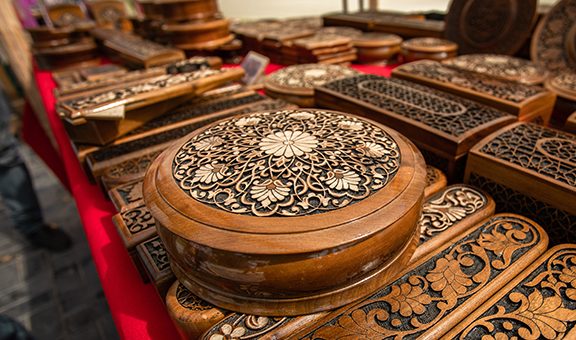 Carved jewelry box from walnut wood.