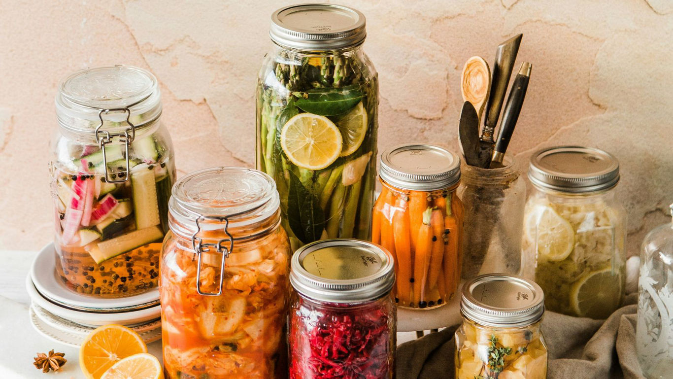 Assorted Homemade Pickled Vegetables in Glass Jars