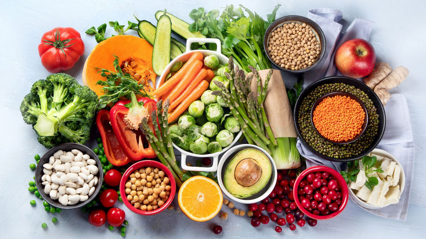 Colorful assortment of fresh plant-based foods