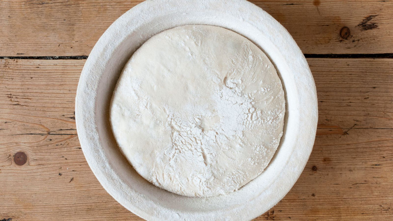 Risen bread dough in floured proofing bowl