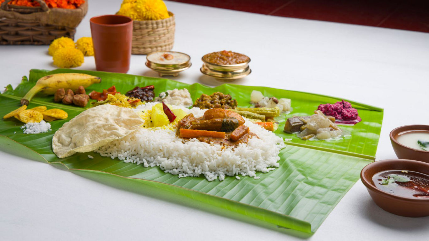 Traditional South Indian feast on banana leaf