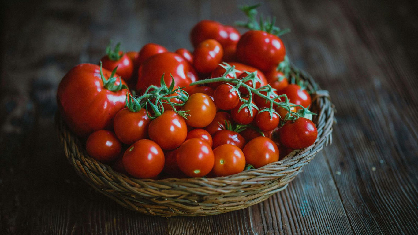 Basket of Fresh Red Tomatoes on Wooden Table