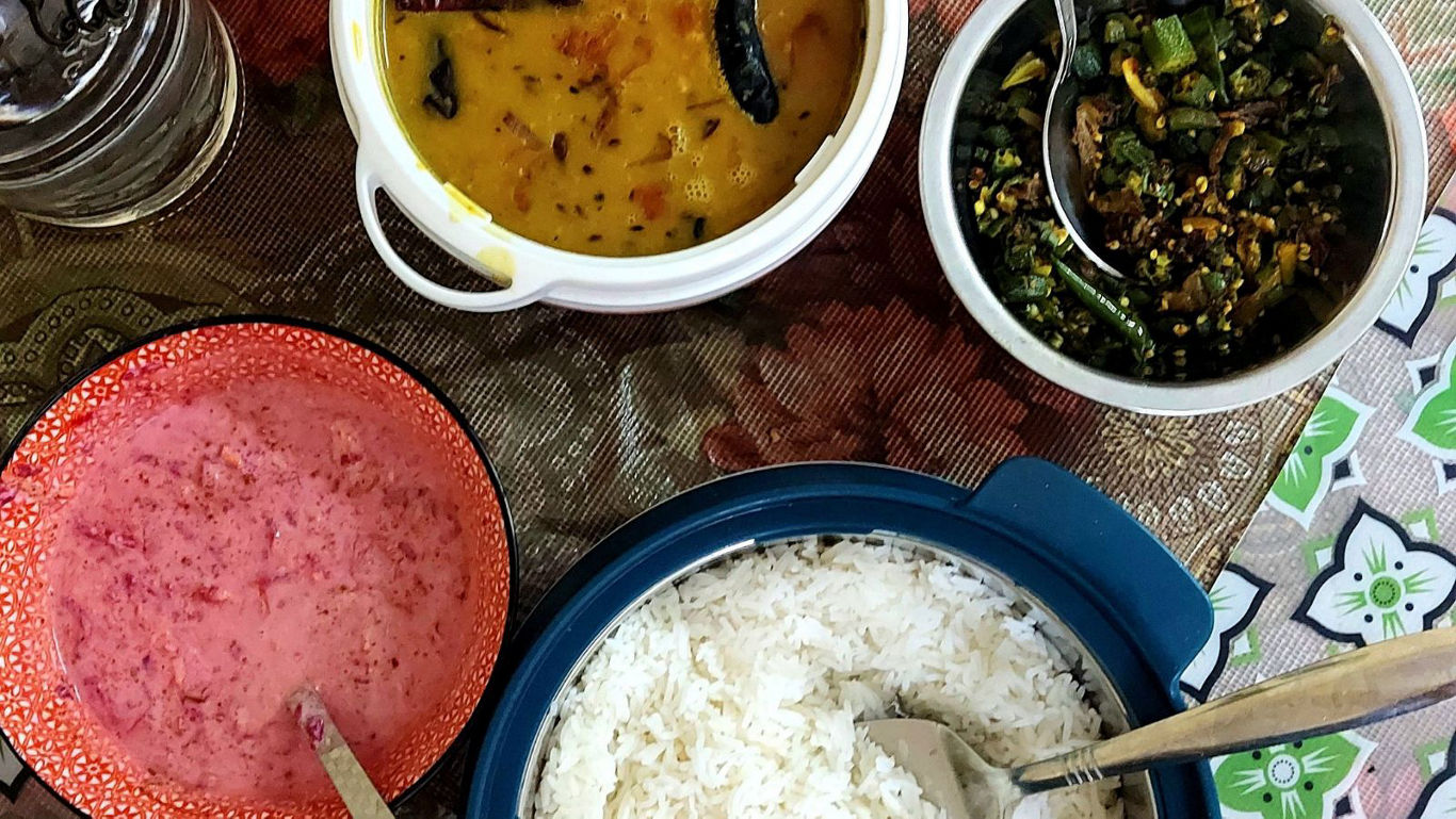 Homemade Indian meal with rice and curries