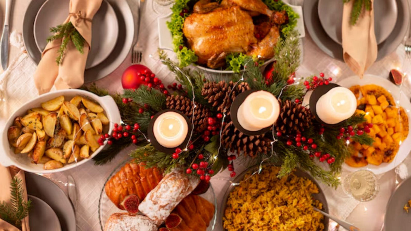 Festive holiday dinner table with decorations
