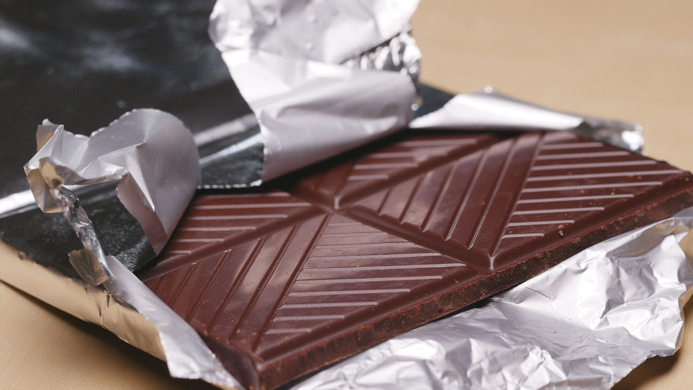 Unwrapped chocolate bar on foil wrapper
