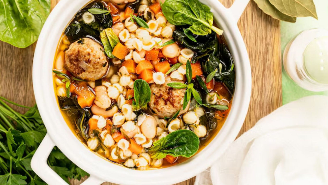 Hearty vegetable soup with meatballs