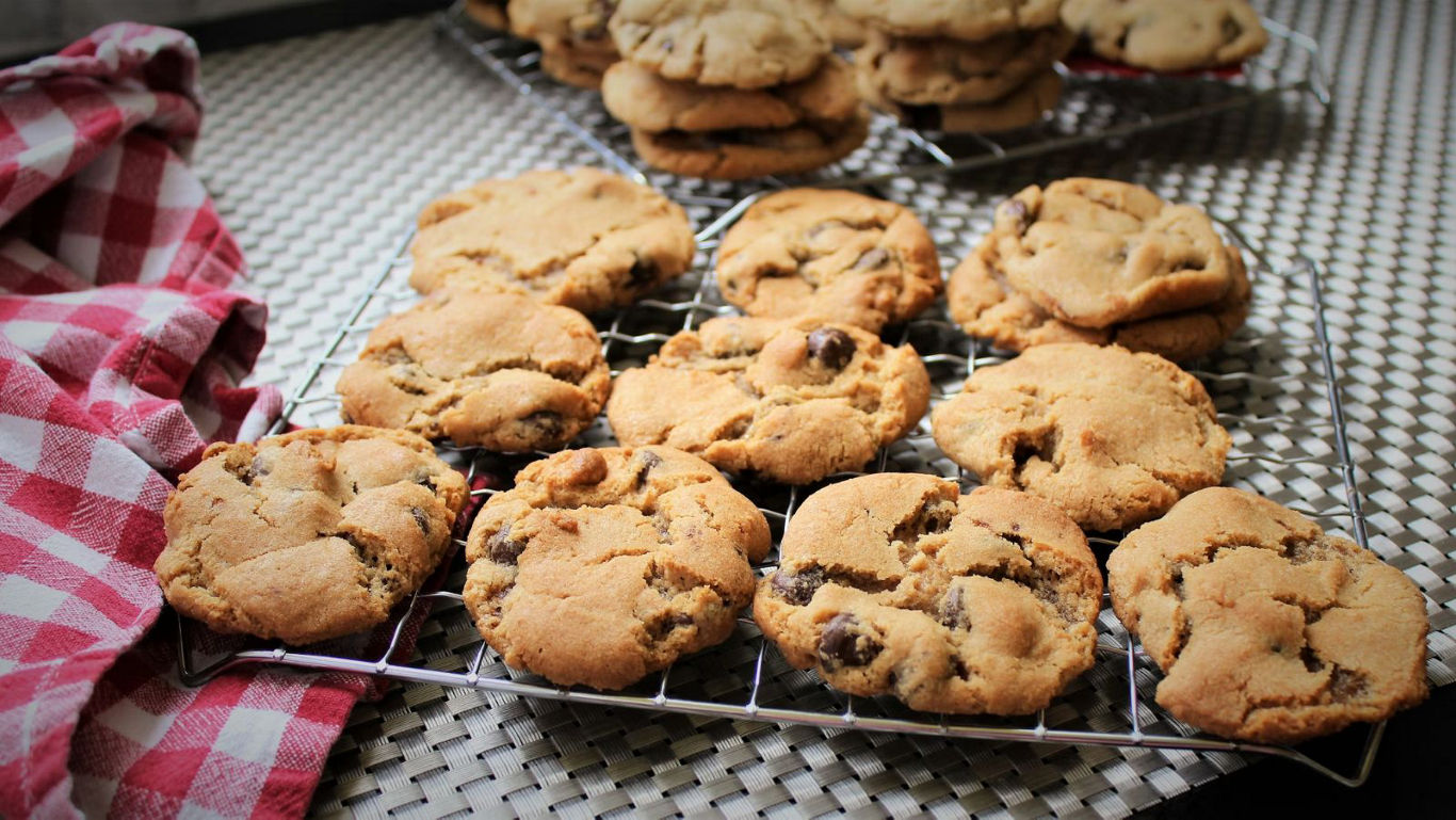 Freshly baked chocolate chip cookies on cooling rack