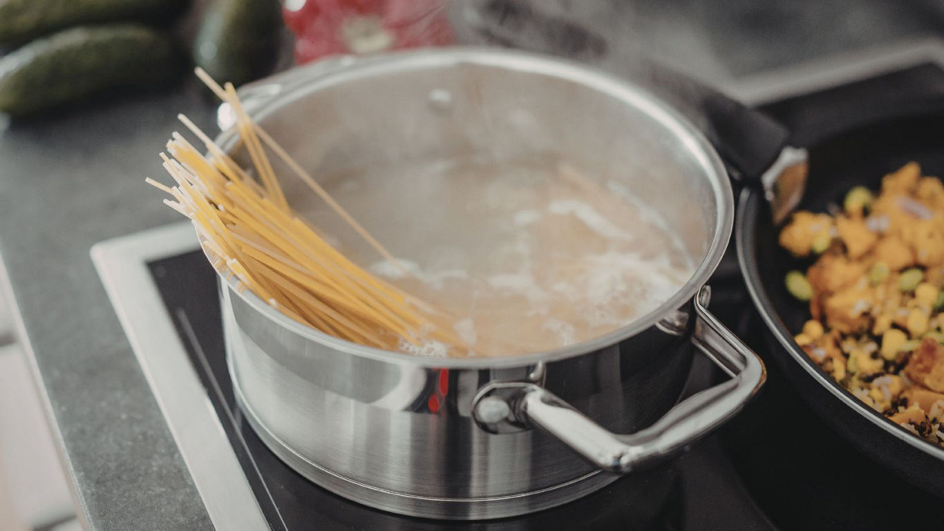 Spaghetti Boiling in Stainless Steel Pot