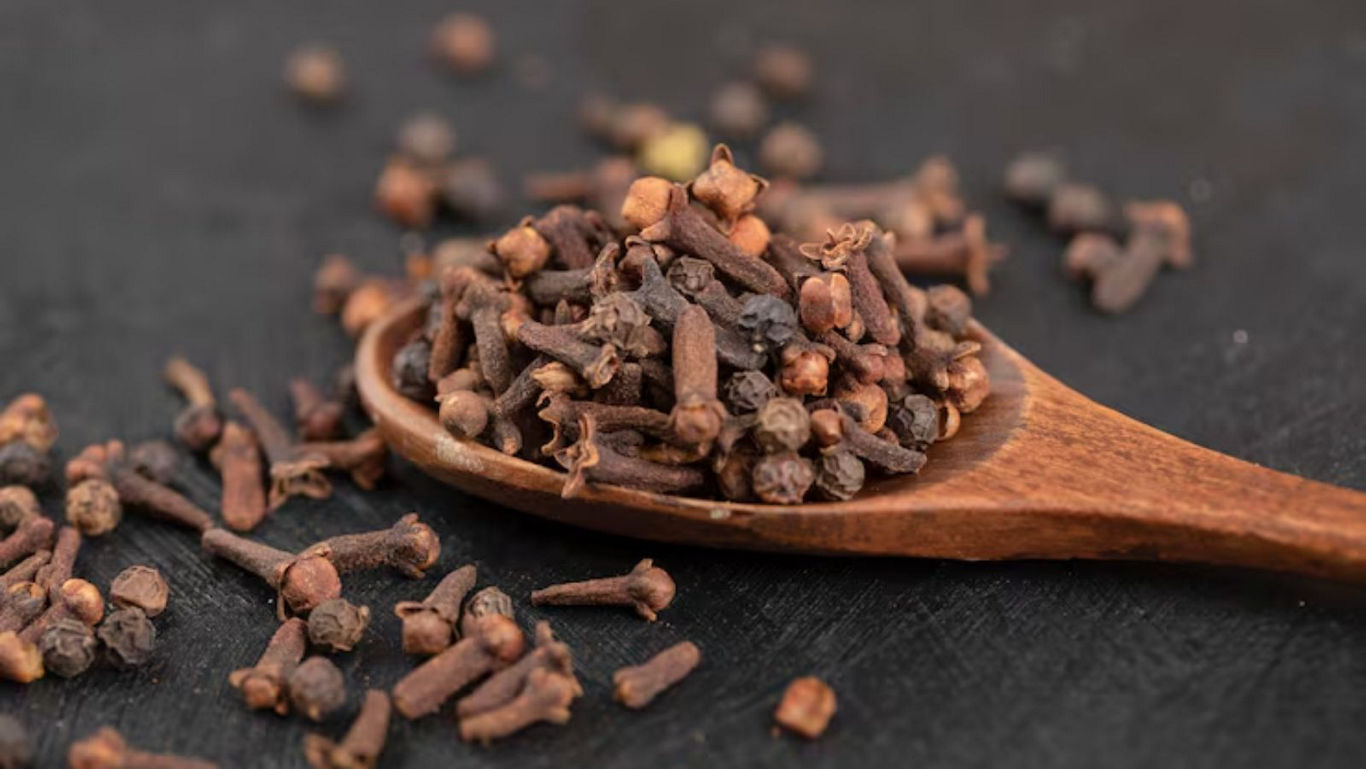 Wooden spoon with dried cloves on dark surface