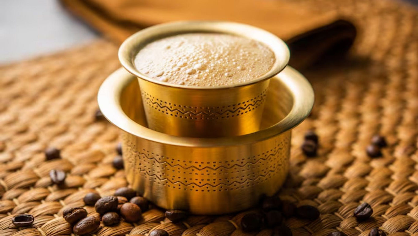 Traditional South Indian Filter Coffee in Brass Cup